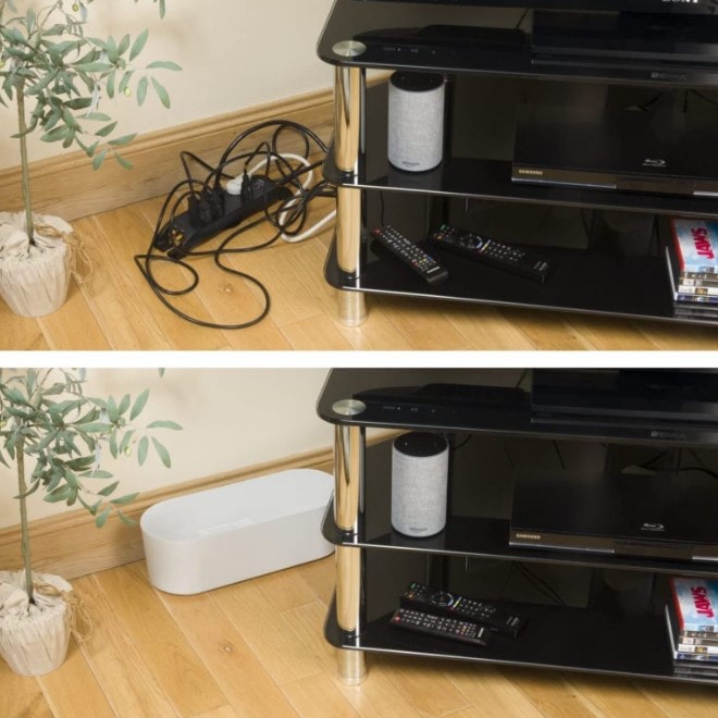 A cable management box is a nice and easy way to hide the cables without applying much effort to that.