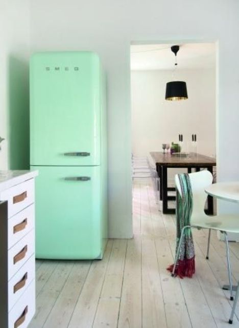 A mint green Smeg fridge for a peaceful kitchen without colorful accents.