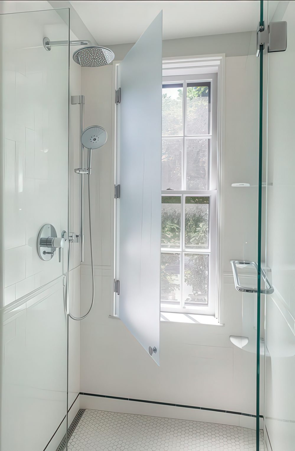 A tall framed window with a frosted glass covered for more privacy is a stylish idea.
