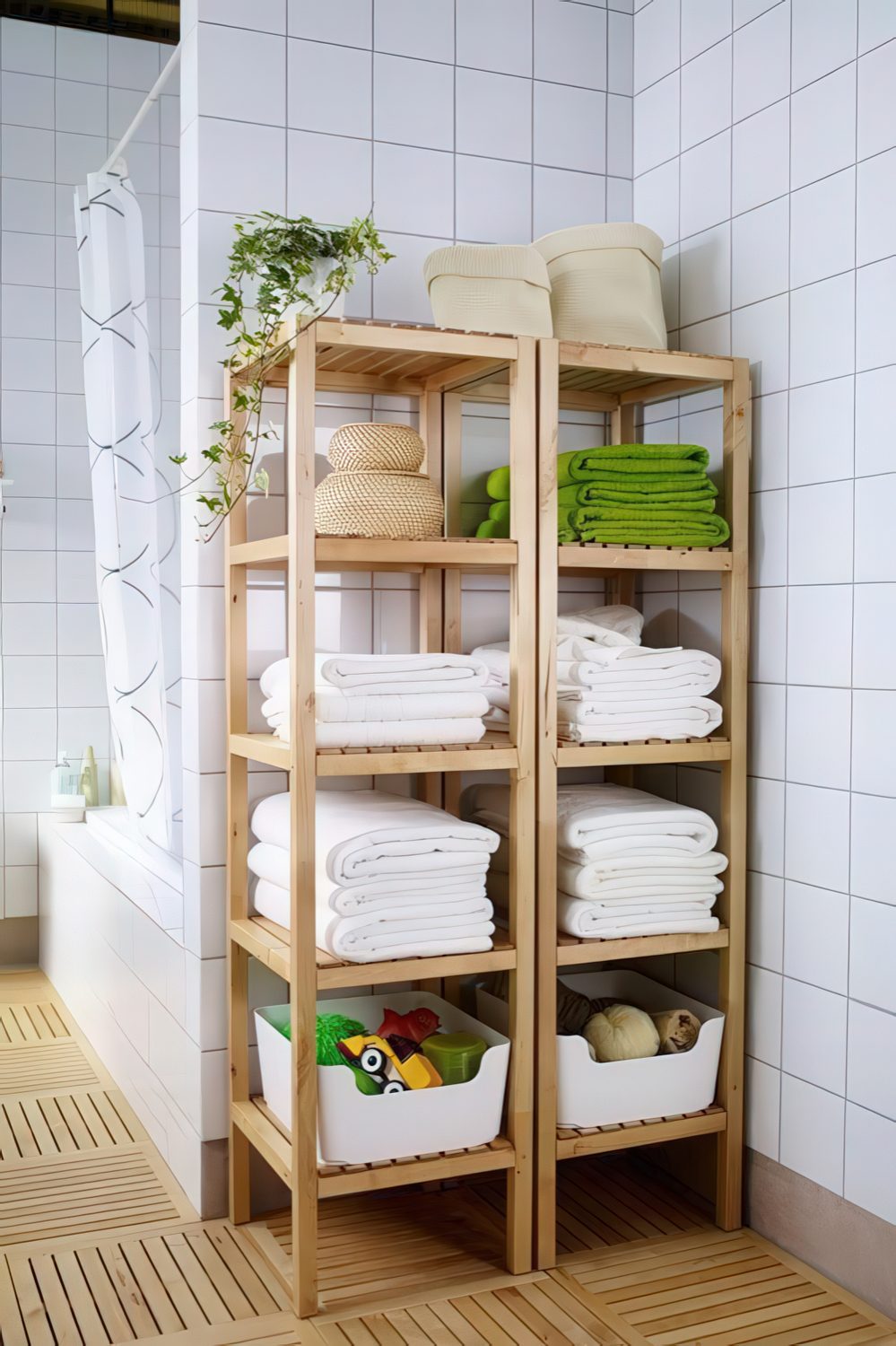 Molger shelves by IKEA used for storing towels, baskets with soaps and foams, kids' toys and other stuff.
