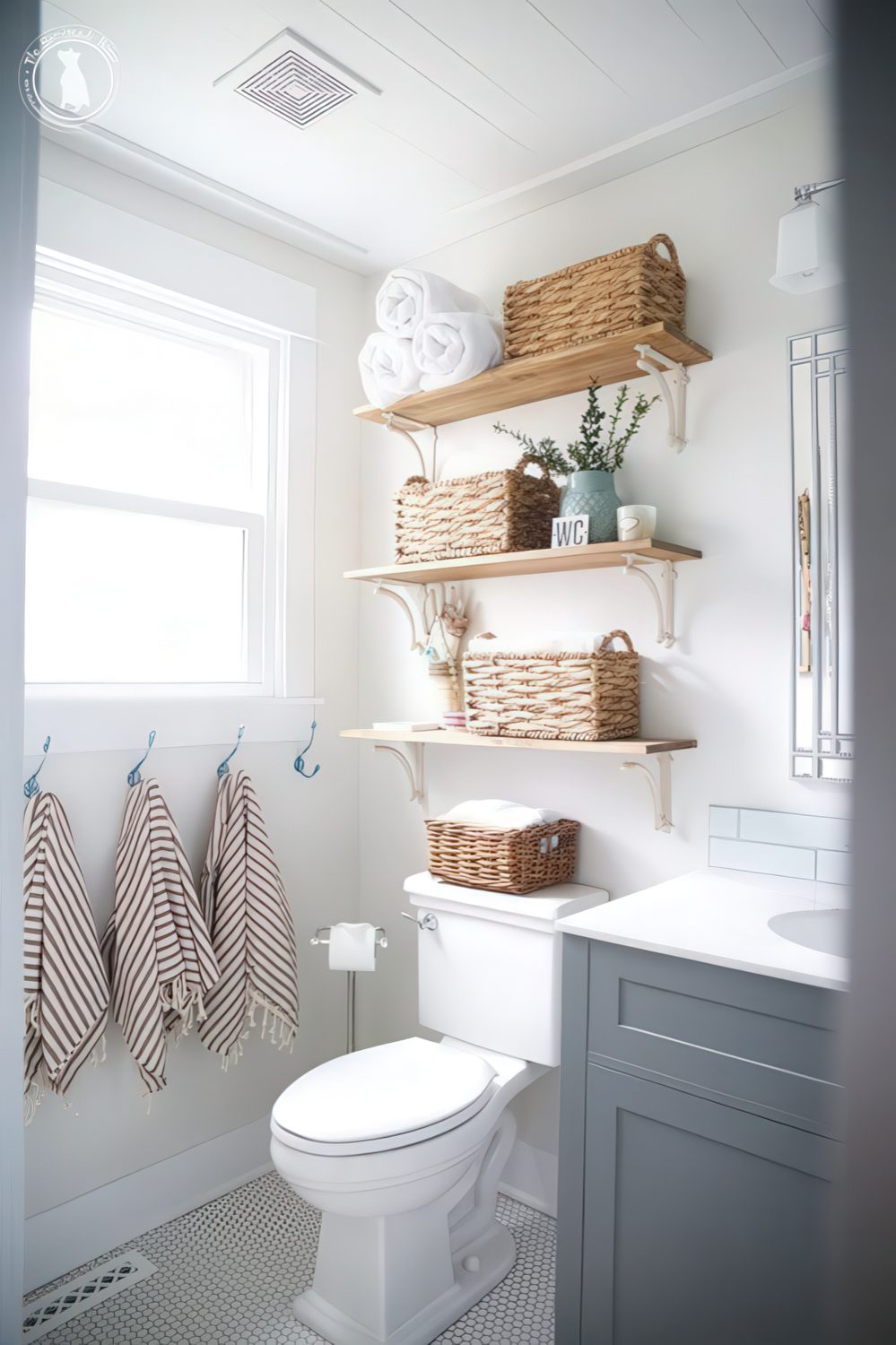Open shelves with baskets can store towels comfortably and here they take just some awkward space over the toilet.