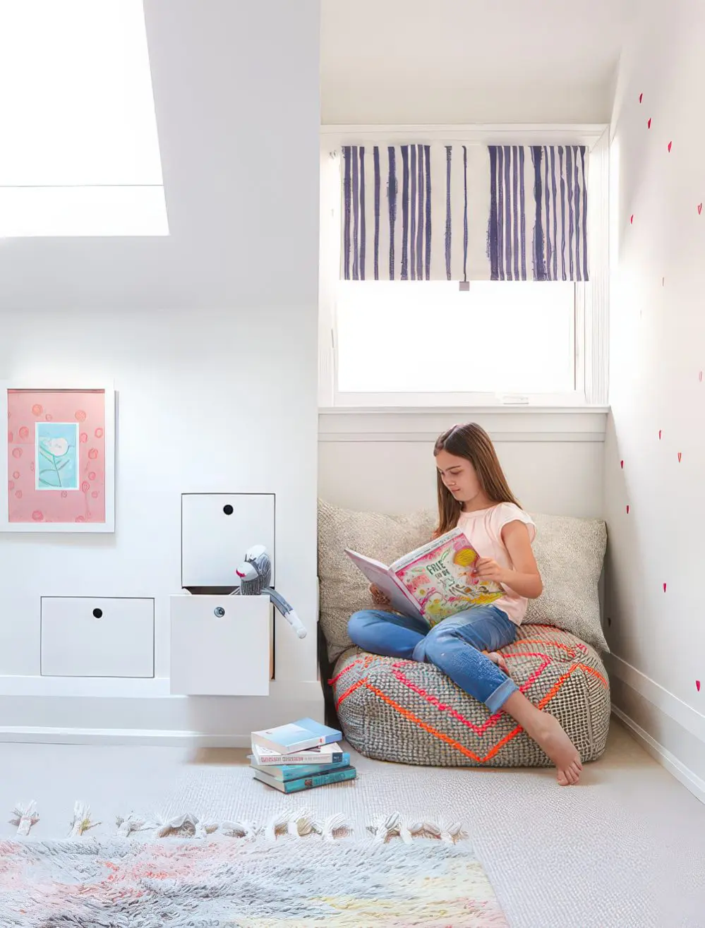 An awkward nook in a kids' room can be used as a cozy reading space with bean bag chairs.