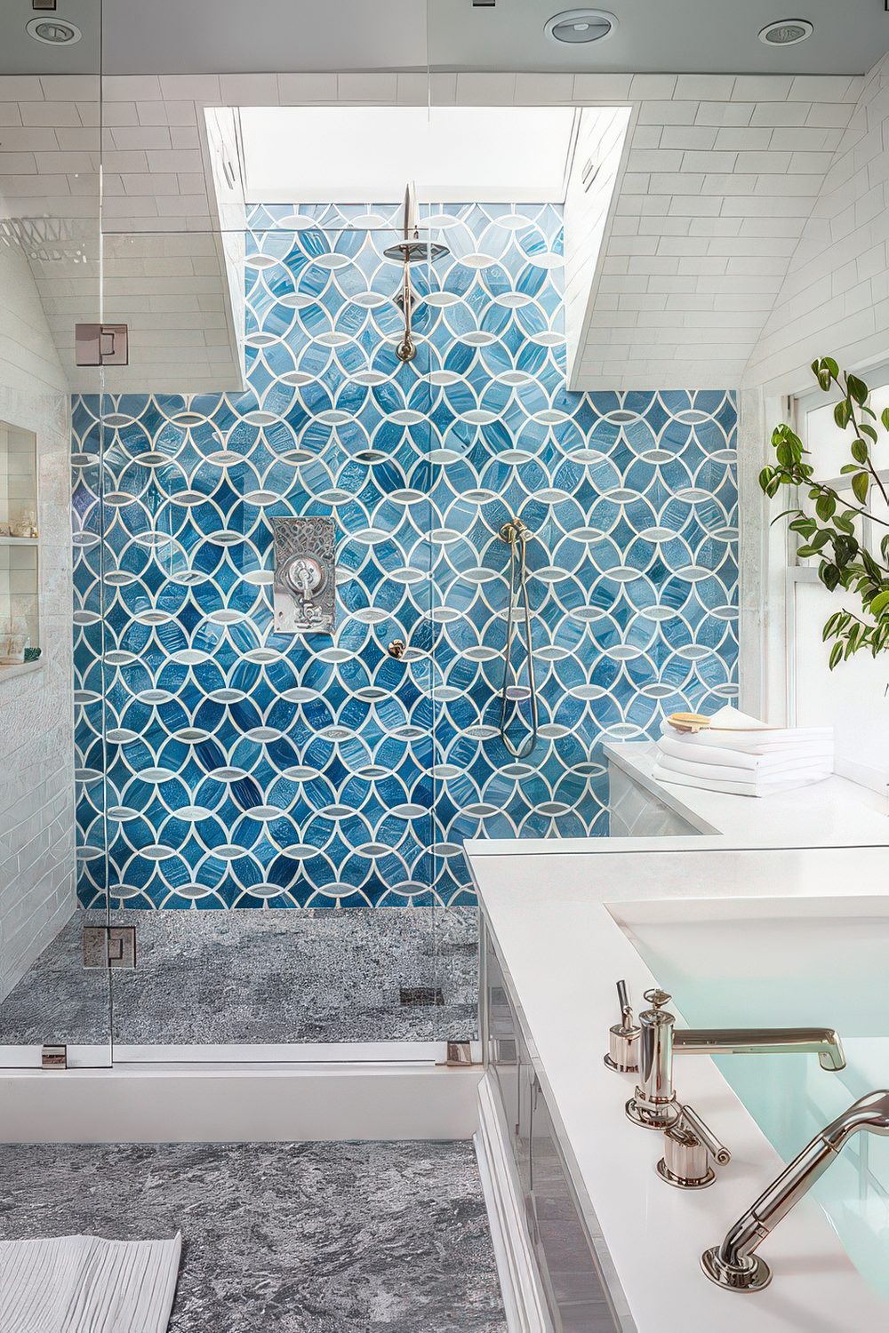 A chic shower with mosaic tiles and a skylight for much light yet full privacy.