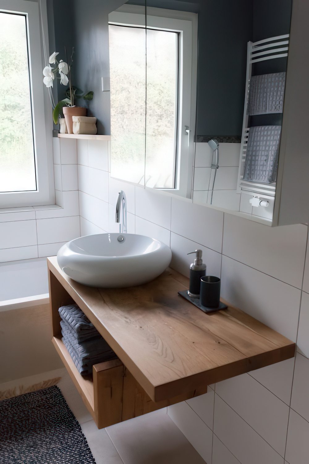 A modern wooden vanity with an open storage space that allows to store some towels is a cool idea.