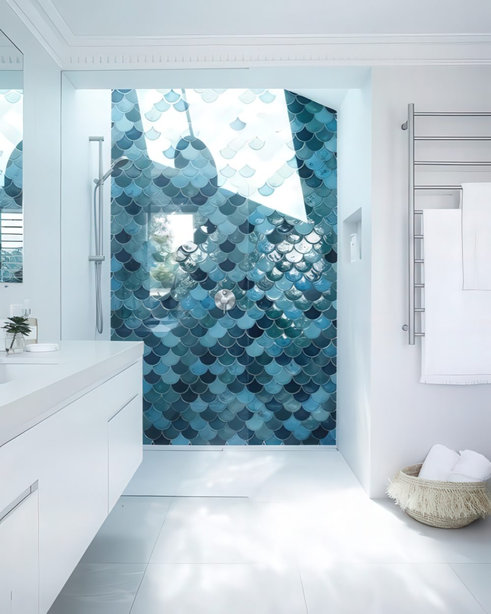 The shower done with fish scale tiles and a skylight makes showers a spa experience while keeping them private.