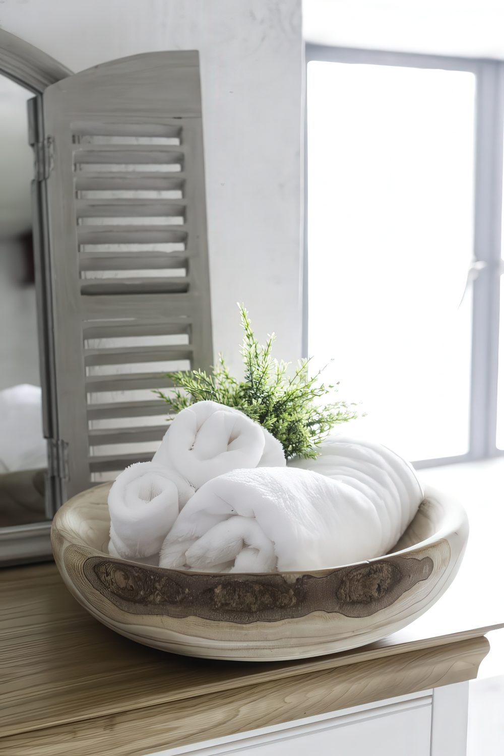 A chic wooden bowl for towels is a creative idea for a large bathroom, you may also place one for soaps.