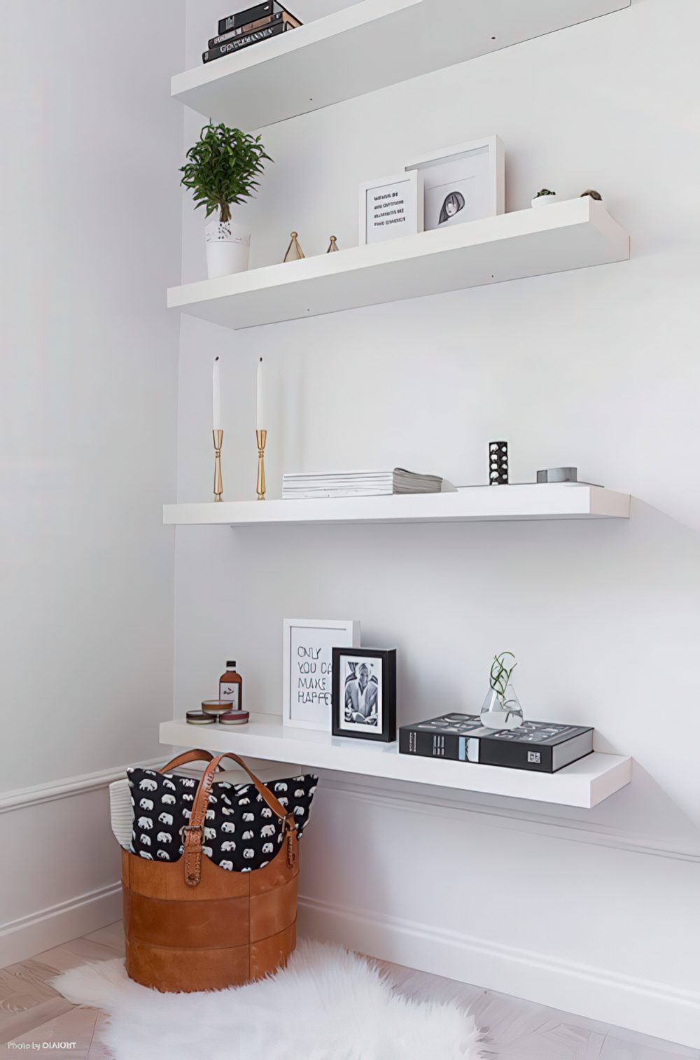 Open shelves look airy and not bulky, they are ideal for a small corner and you'll get additional storage.