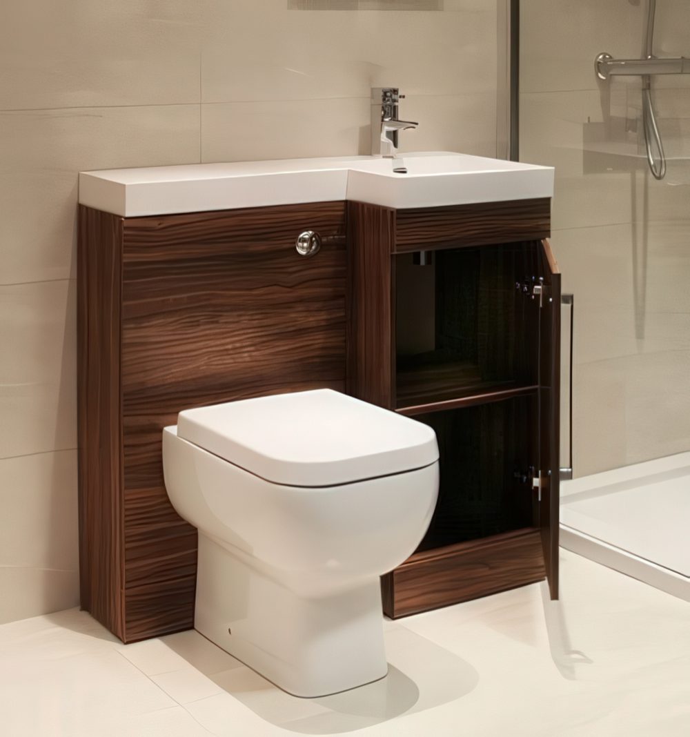 Wooden unit with a sink, toilet and a storage compartment.