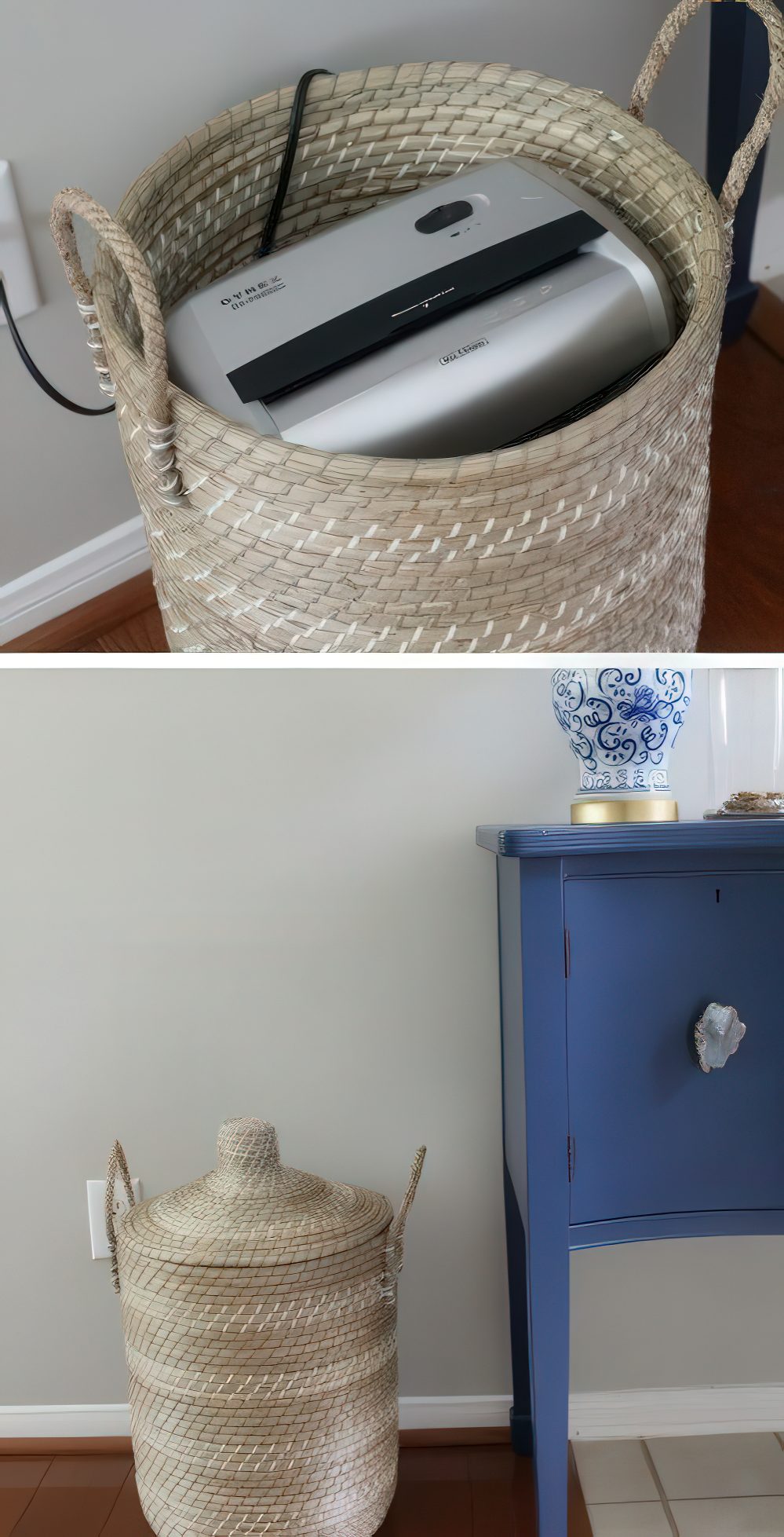 A woven basket with a lid is a classic idea to hide a router and it looks nice in many types of interiors, it will add coziness.