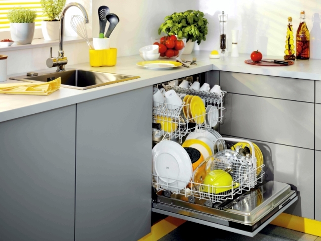 Hide the dishwasher inside a standard kitchen cabinet to make the appliance a neat integration into the space.