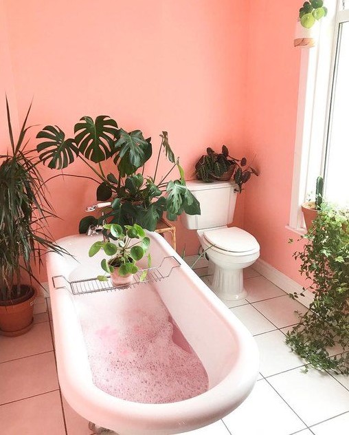 A coral pink bathroom with potted plants, a clawfoot tub and potted cacti is gorgeous and fun.