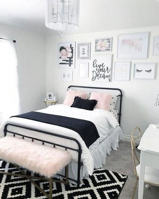 Create a girlish teen bedroom with black, white, and blush colors, highlighted by a cool gallery wall. Printed textiles and brass touches complete the design. This room offers a stylish and personalized space for a teen girl.