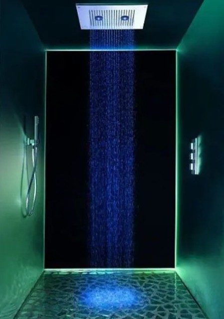 A high tech shower with ambient lights is a great idea for those who love technology and want color therapy.