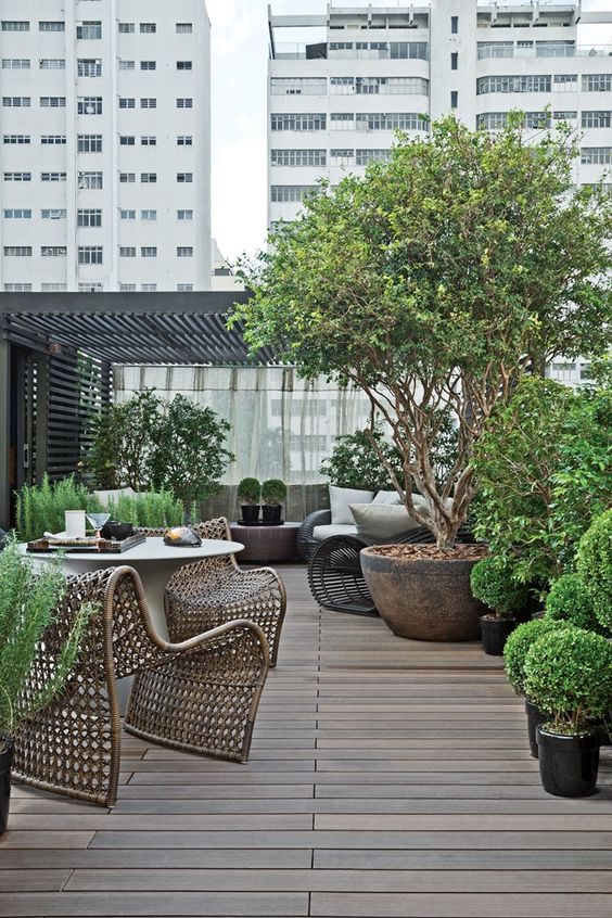 A monochromatic contemporary terrace with a deck, rattan chairs, greenery and a tree in a pot and neutral upholstery.