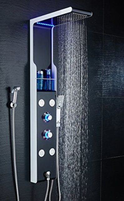 A rainfall waterfall shower head with colored lights and a digital panel is a lovely idea for those who love technology.