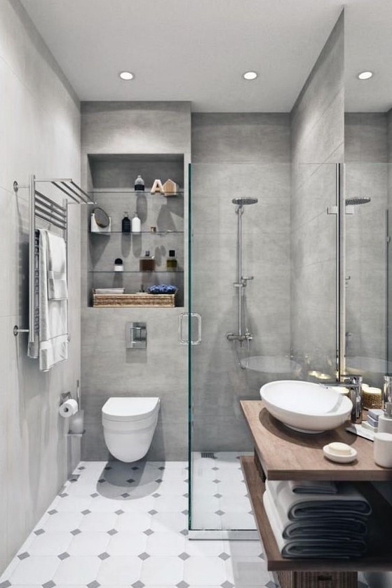 A small minimalist bathroom with concrete walls, a tiled floor, a floating open vanity and built-in shelves over the toilet.