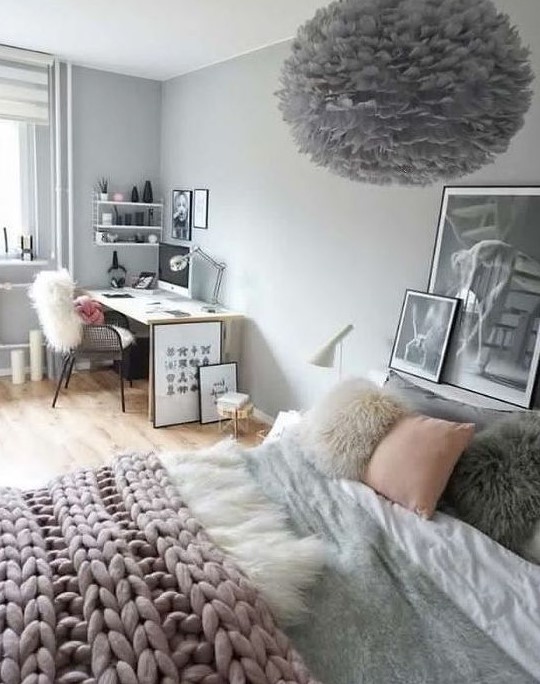 Create a sweet teen girl bedroom in grey, black, white, and blush, with dedicated studying and sleeping zones. A fluffy lamp adds warmth and coziness. This design offers a balanced and functional space.