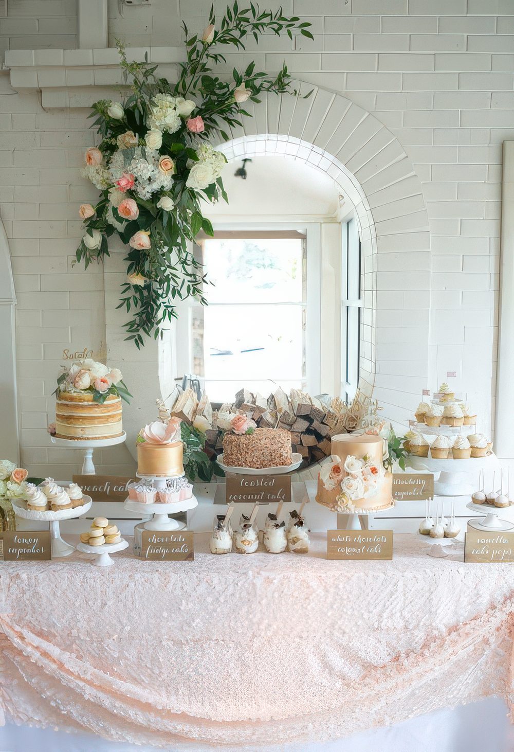 A tender blush dessert table with a large scale sequin tablecloth, a lush greenery and bloom decoration and lots of desserts.