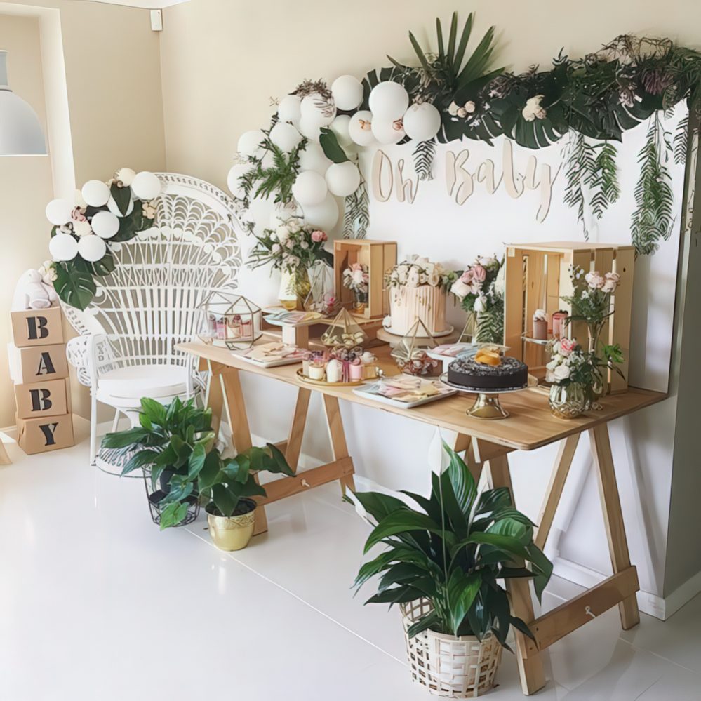 A tropical dessert table with a tropical greenery garland, white balloons, potted plants and a trestle table with crates to serve the food.