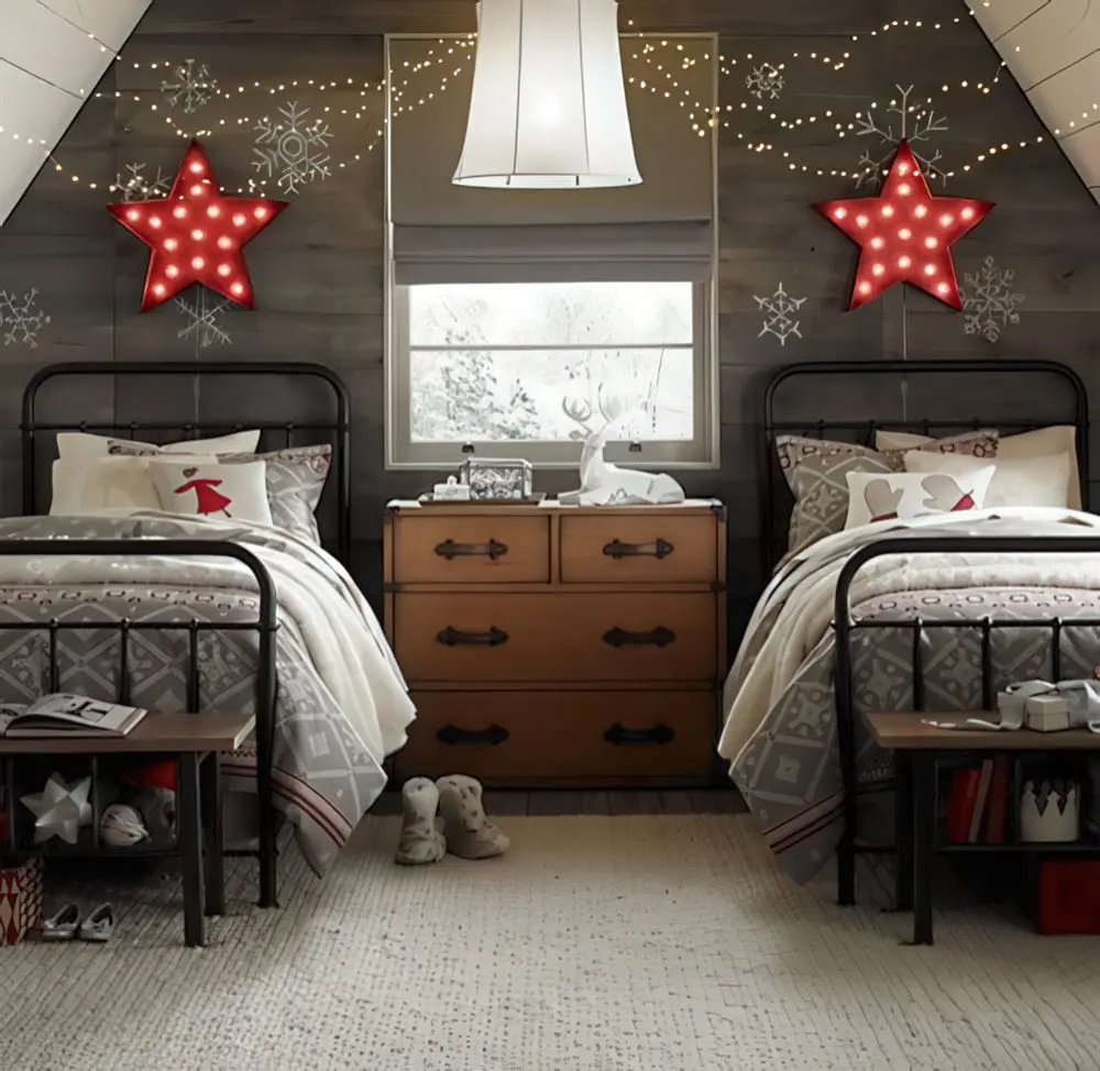 A charming, lodge-inspired room with iron-framed beds, warm plaid bedding, and glowing star-shaped wall sconces. The wintery aesthetic, soft lighting, and wooden furniture create a snug retreat.