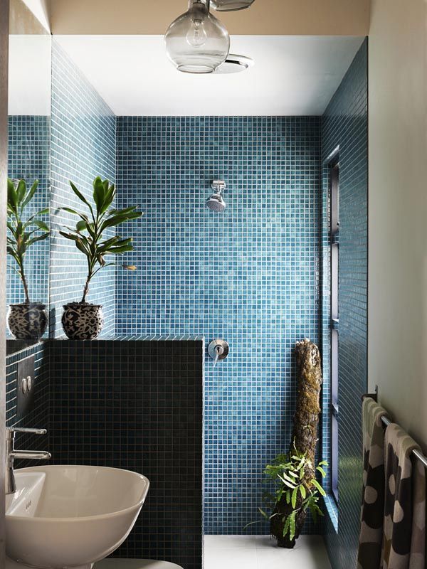 A chic small bathroom clad with blue tiles, with a pony wall and a window in the shower space, potted plants is small and comfy.