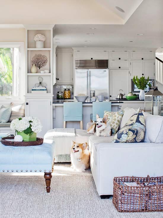 Floral print pillows, blue furniture and potted blooms bring a fresh summer feel to the space.