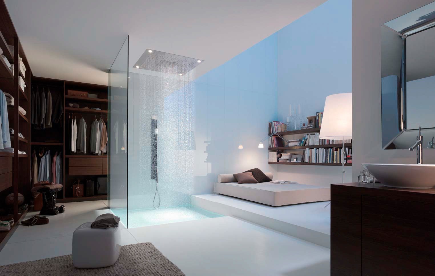 A minimalist white bedroom with a low bed and a large rain shower next to it is a cool idea with a neutral color scheme.