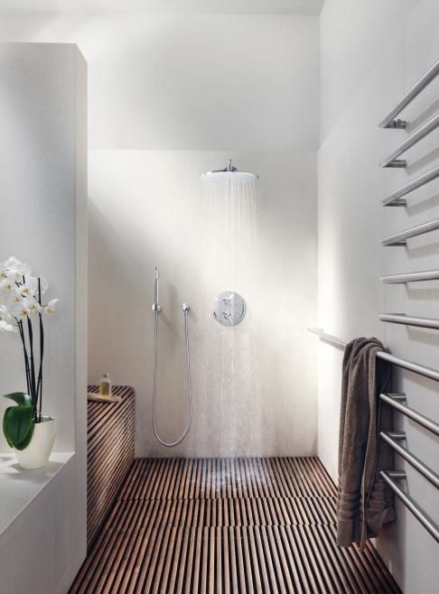 A contemporary neutral shower with a dark-stained wooden floor, a rain shower and stainless steel fixtures.