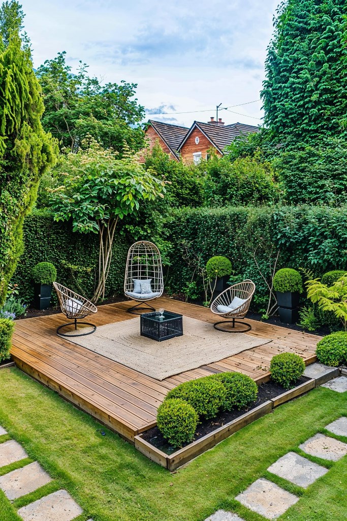The corner deck is surrounded with living walls on two sides and greenery on the other sides. Simple rattan chairs are the only furniture for a clean and minimal look.