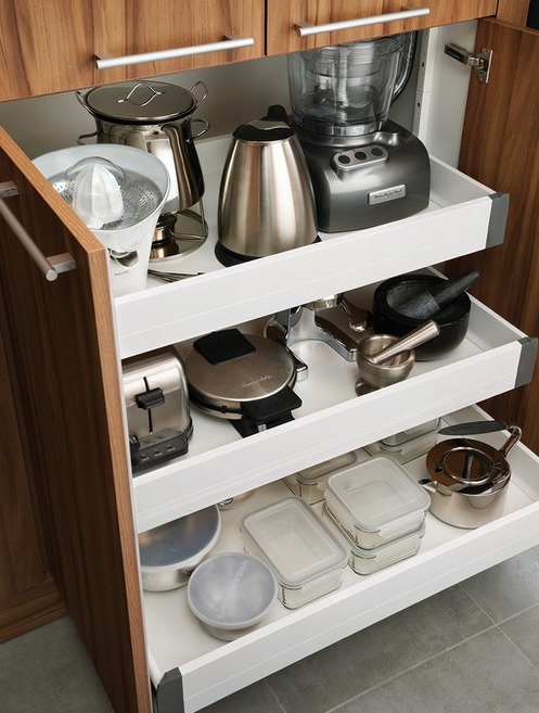 A cabinet with retractable shelves to hold appliances, pots and other stuff is a cool idea to rock.