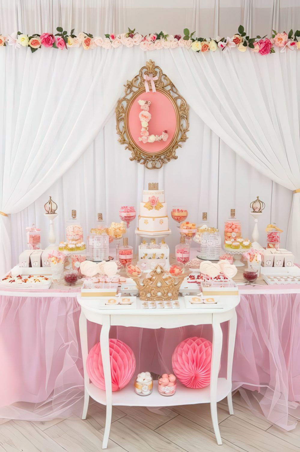 A bright pink and peachy pink dessert table with fake florals, bright candies and sweets and a royal feel in decor.
