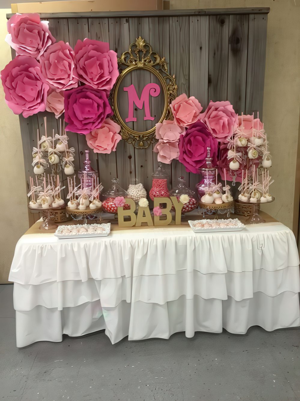 A rustic vintage dessert table with a reclaimed wood wall backdrop, large pink paper blooms, a ruffled tablecloth and lots of pink desserts.
