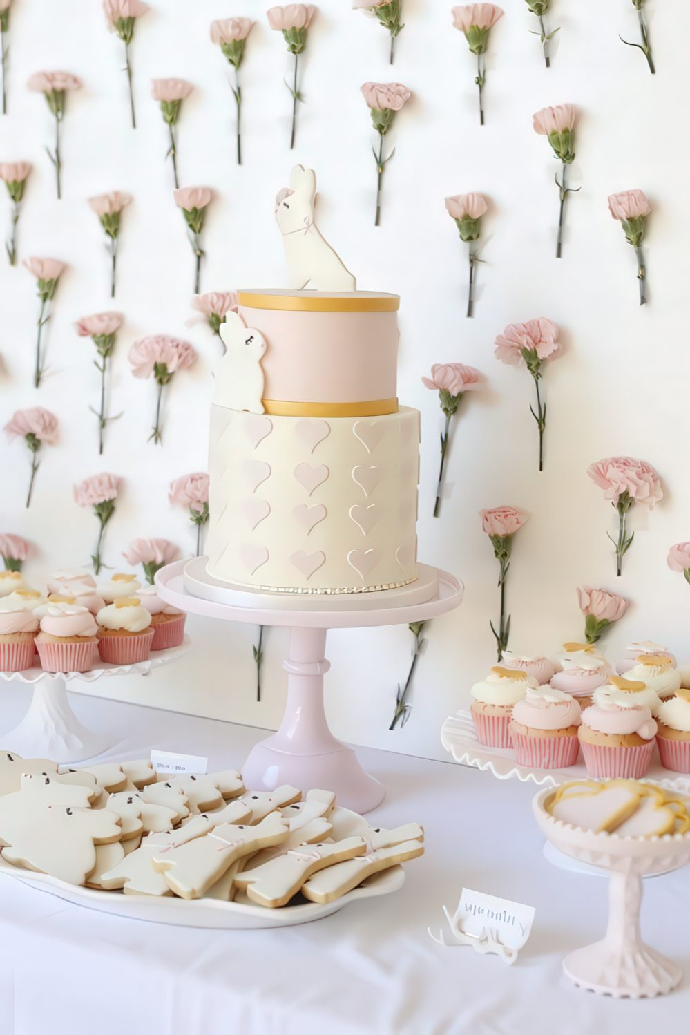 A girlish dessert table with a fresh flower wall and delicious sweets on stands and plates.