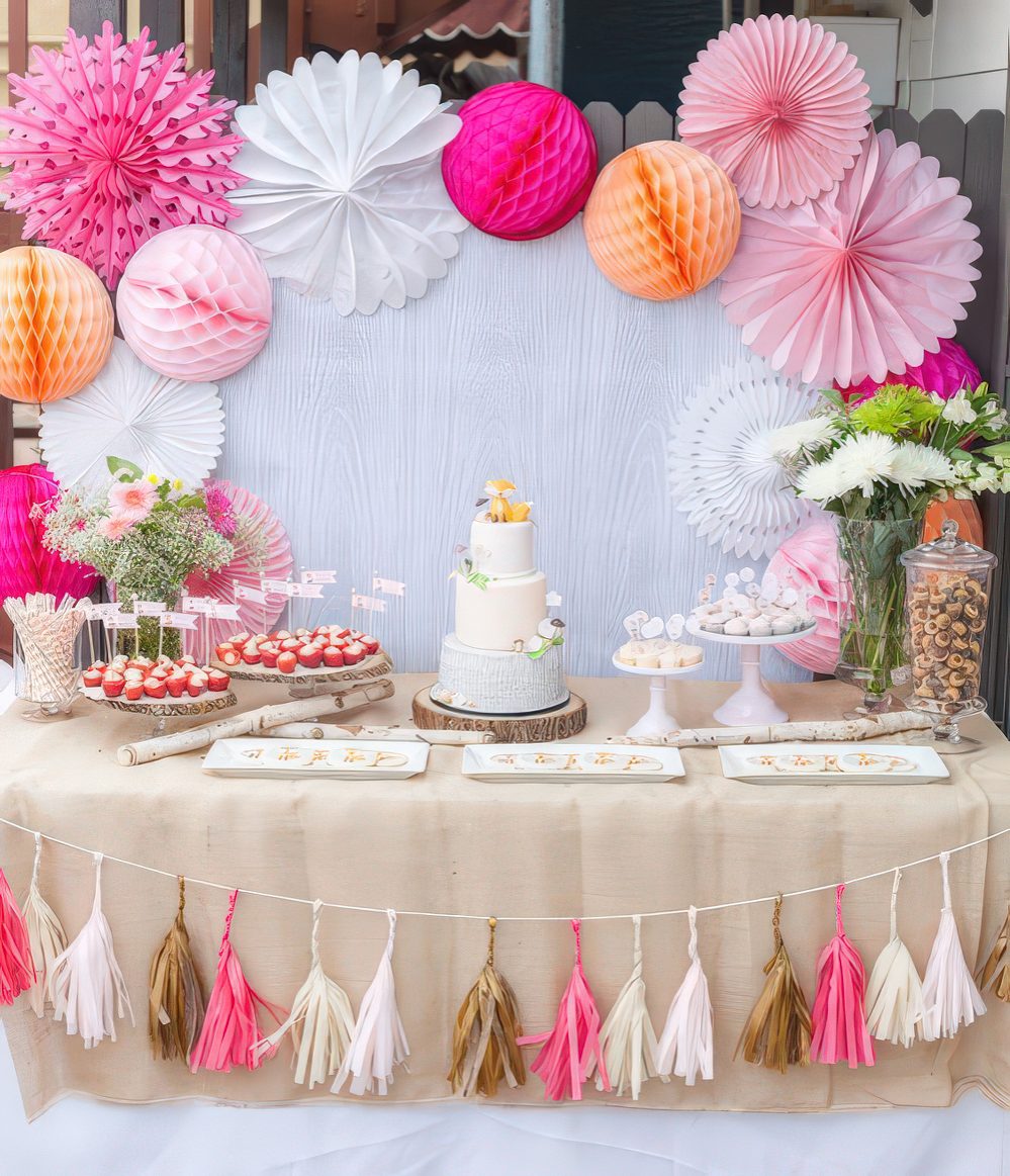 A colorful pink and fuchsia dessert table with paper pompoms and fans, colorful floral arrangements and a bright tassel garland.