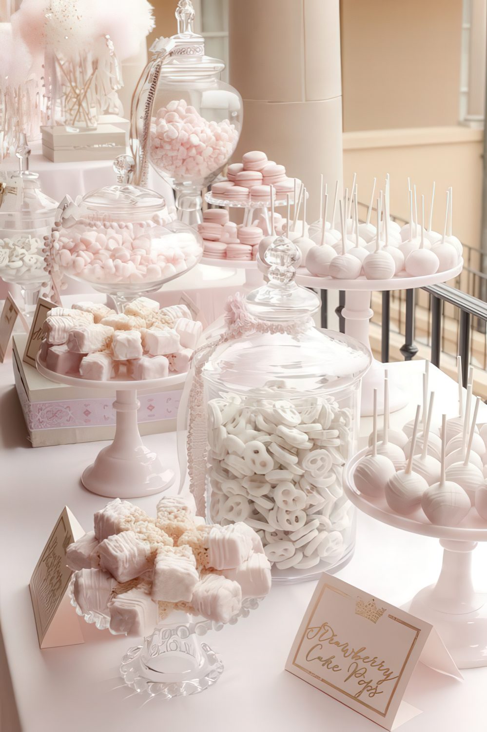 A light pink and white dessert table styled with lots of stands, jars and some signs to mark the sweets.