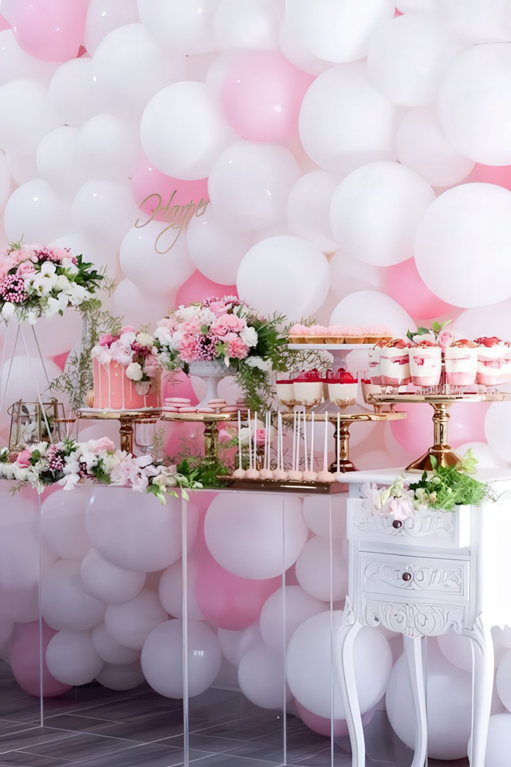 A girlish dessert table with a pink and white balloon wall, bright pink and white floral arrangements, pink desserts and a drip cake.