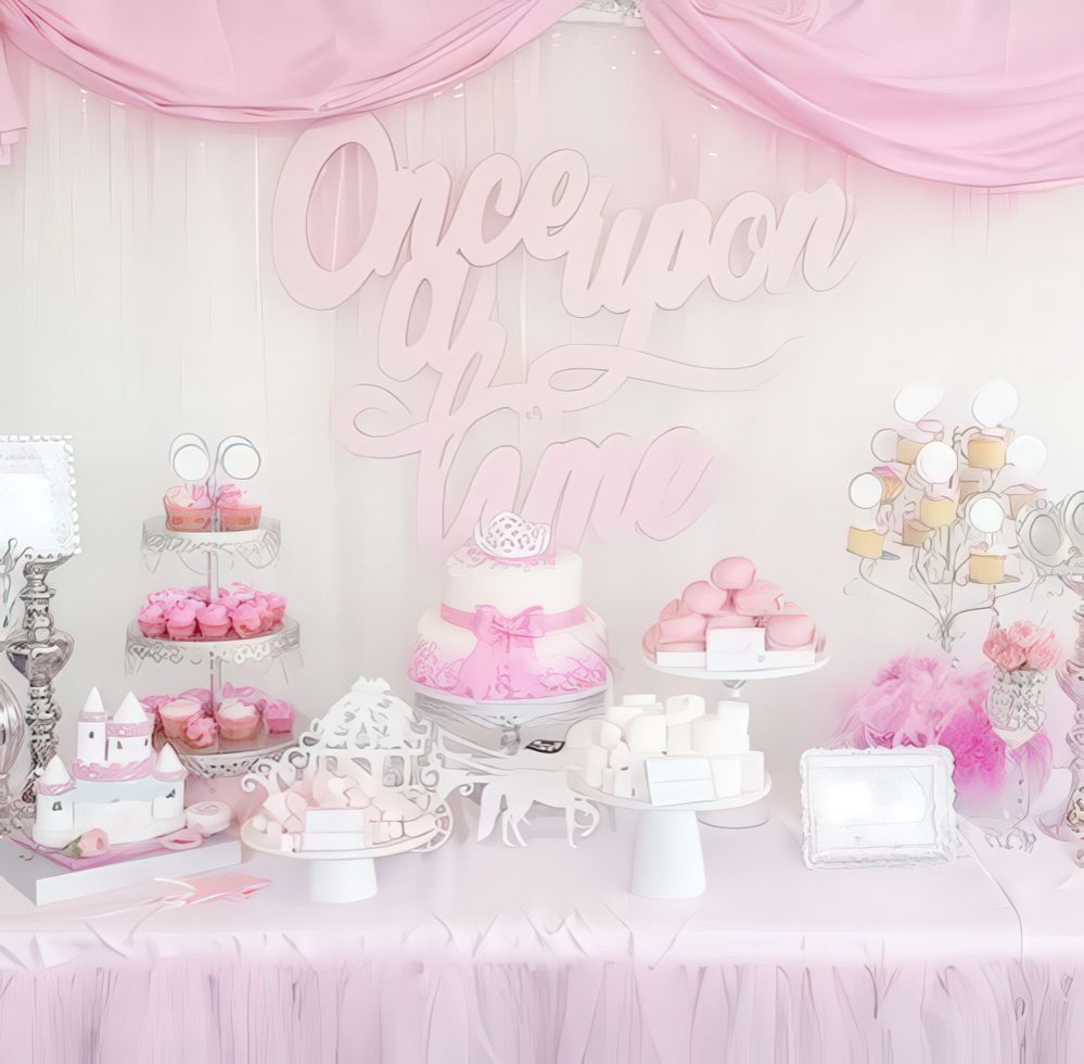 A bright pink dessert table with calligraphy over it, elegant stands with sweets, a castle for decor and horses with a carriage.