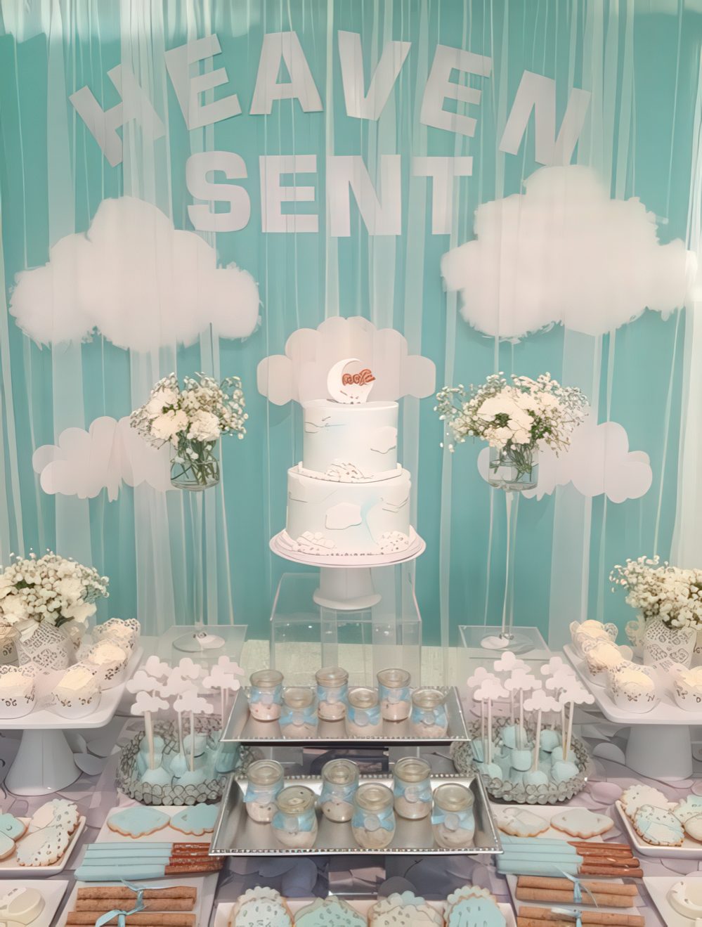 A light blue and white dessert table with clouds, neutral floral arrangements, blue and white sweets.