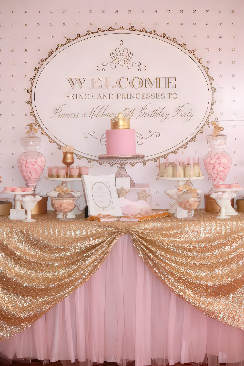 A bright pink and gold dessert table with a letter backdrop, a gold sequin tablecloth, refined stands and bowls.