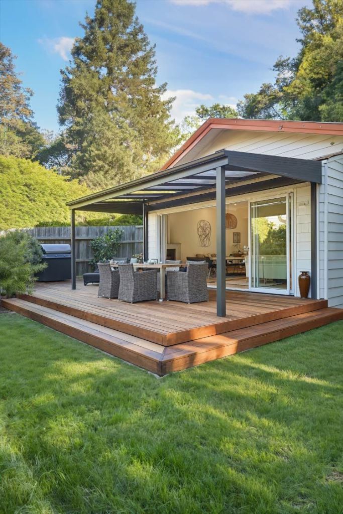 This raised deck is built at the house and it extends the indoor space outdoors.
