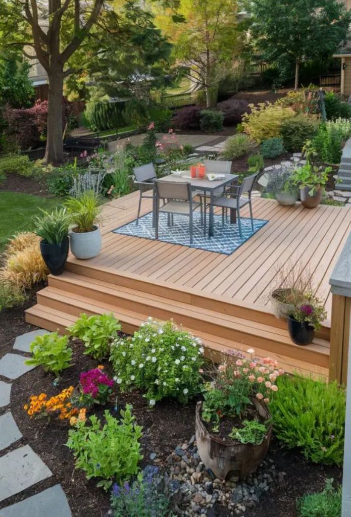 This raised deck is an outdoor dining room that allows enjoying the views of the garden and flowers while having meals.