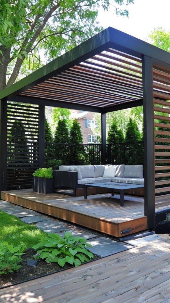 This minimal pergola on a raised deck is perfect for styling a garden awkward corner.