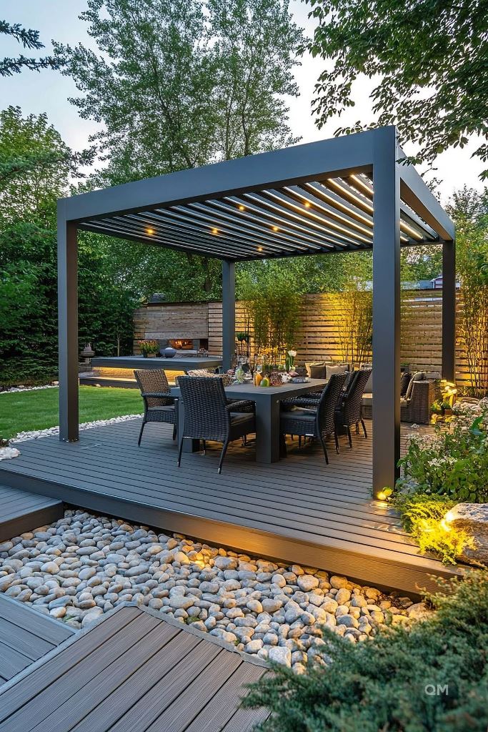 The dark-stained pergola sets the tone here, and the dark furniture continues the style.