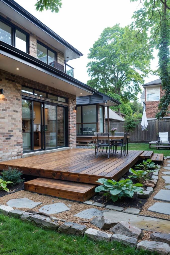 This small stained deck is a nice outdoor dining space, while the sliding doors lead to the indoor kitchen.