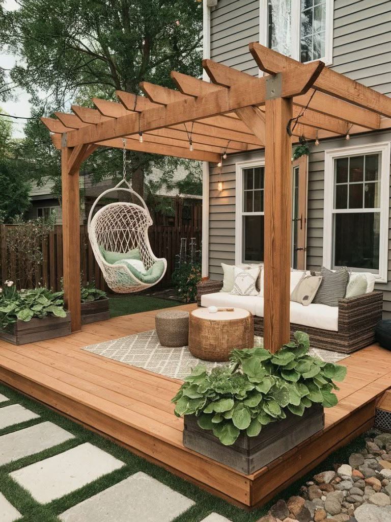The simple stained pergola is decorated with lights, and wicker furniture composes a modern space for a rest.