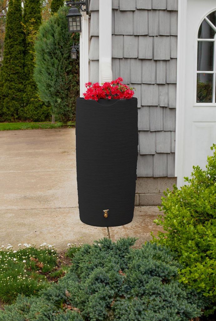 The elegant textural black container is topped with red blooms to add color and chic to the space.
