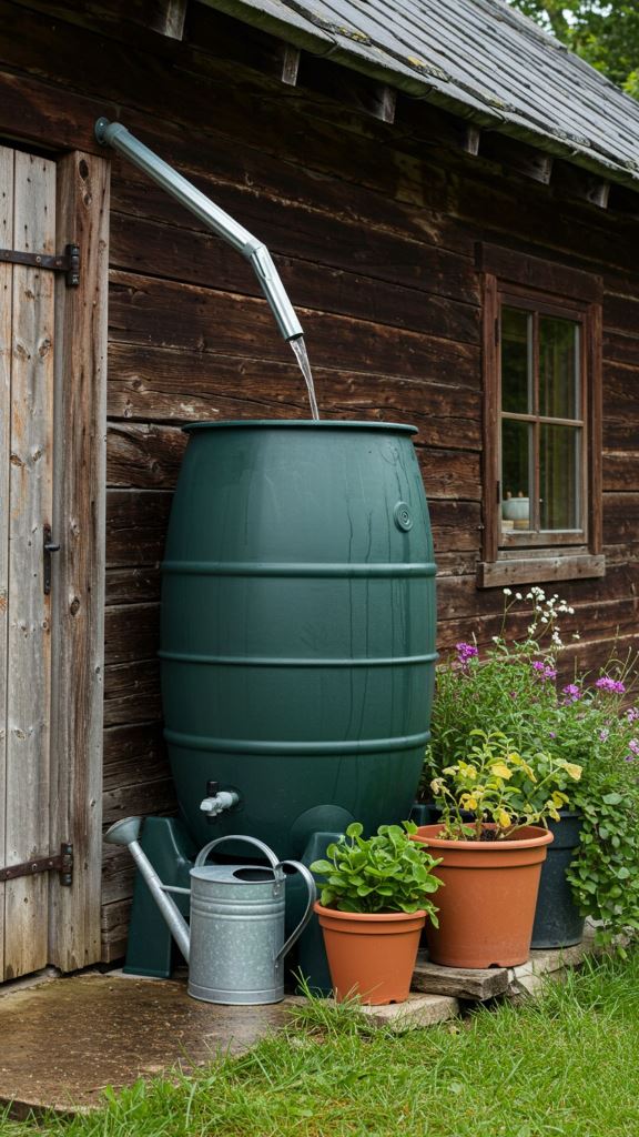 The large green barrel on a stand is a perfect solution for the rustic house exterior, and the color is non-obtrusive.