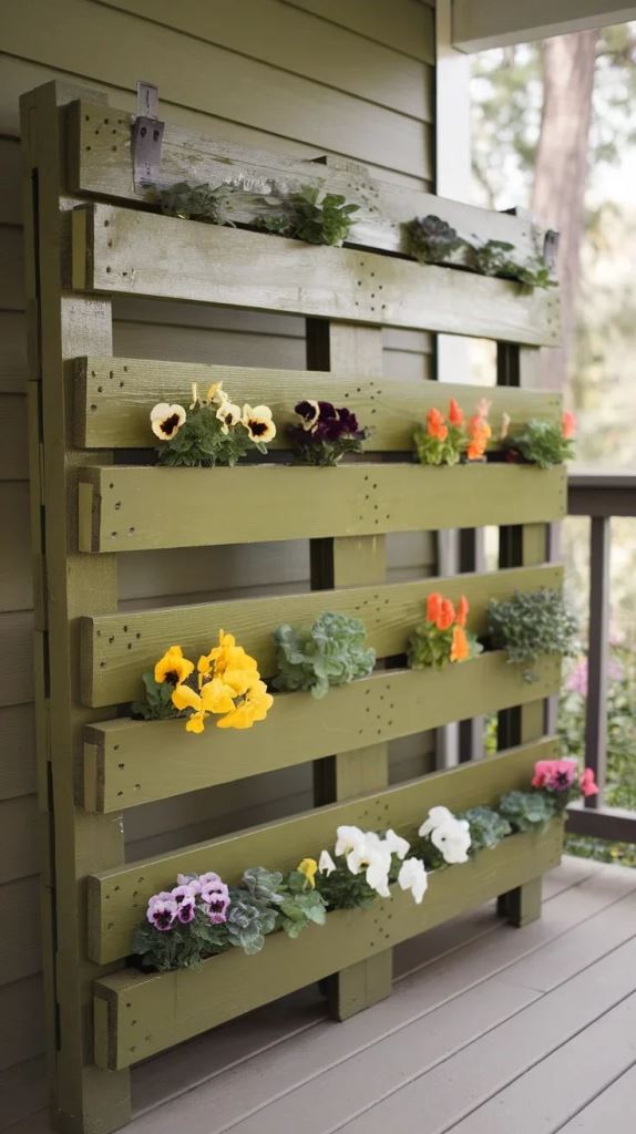 The pallet was painted green to match the wall, and bright flowers make it outstanding. 

(via homeideahub).