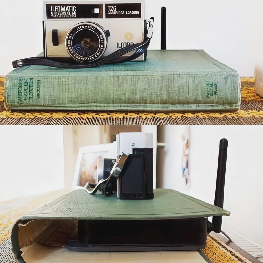 Take an old hardcover, add a hinge, and boom—your router’s invisible. Bonus: stack a retro camera on top for max distraction.

(@knoxwest).