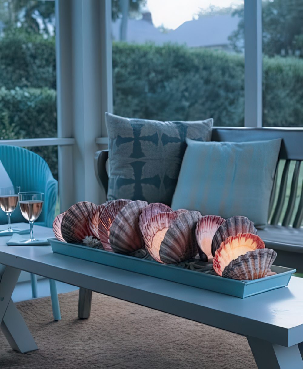 A cool decoration with large seashells that cover candles can be used both indoors and outdoors.